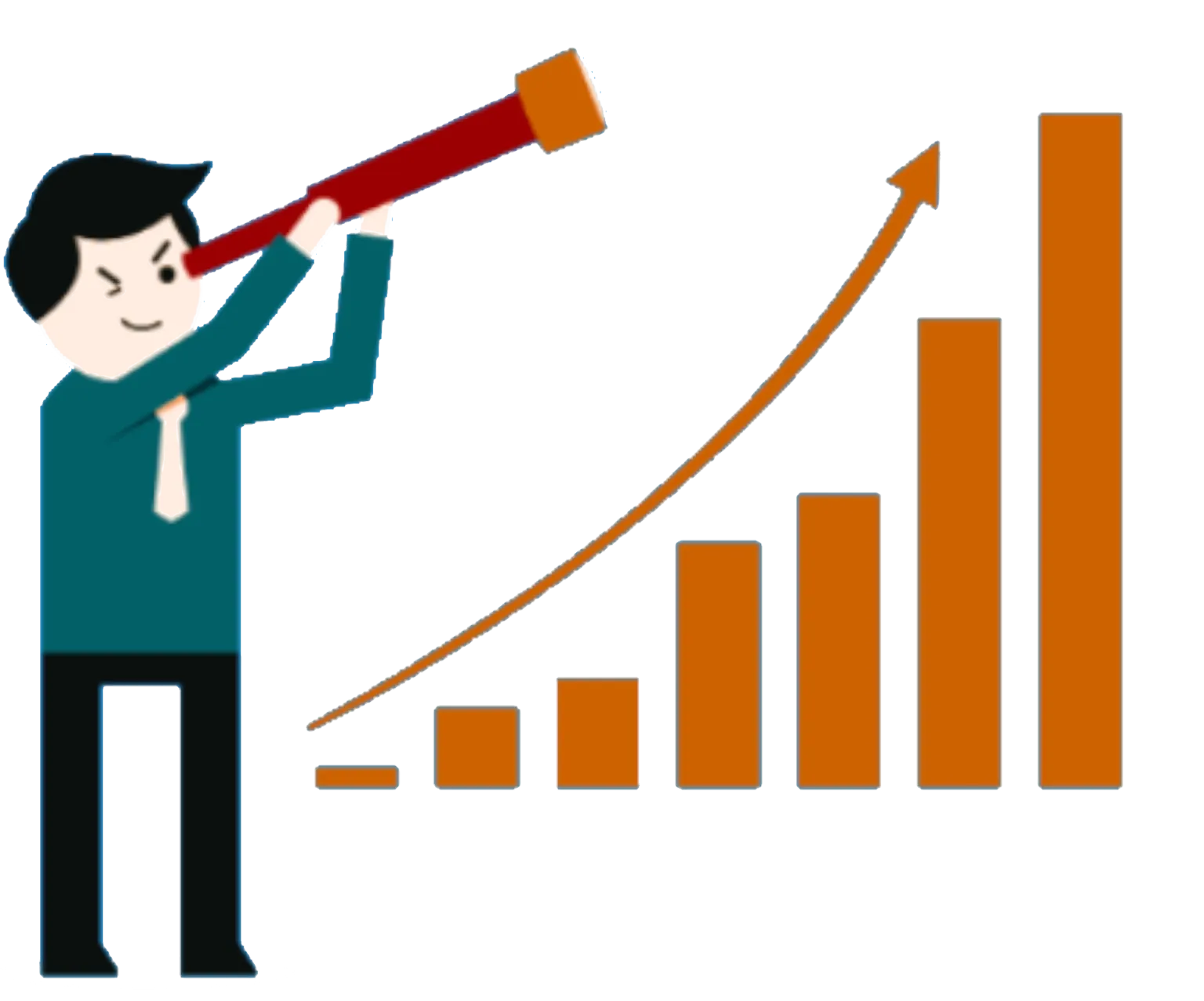 Person blickt durch ein Fernrohr auf ein ansteigendes Balkendiagramm – Wachstum bei Bestandskunden.